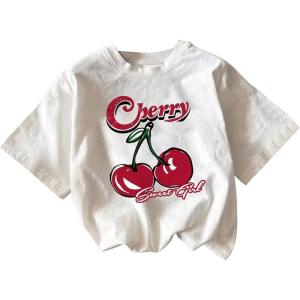 imageWomens Cherry Print Tee Shirt Short Sleeve Crew Neck Drop Shoulder Vintage Tee TopsWhite