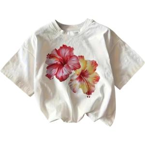 imageWomens Cherry Print Tee Shirt Short Sleeve Crew Neck Drop Shoulder Vintage Tee TopsWhite Floral