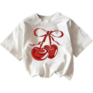 imageWomens Cherry Print Tee Shirt Short Sleeve Crew Neck Drop Shoulder Vintage Tee TopsWhite Red Cherry