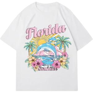 imageWomens Cherry Print Tee Shirt Short Sleeve Crew Neck Drop Shoulder Vintage Tee TopsWhite With Patterned