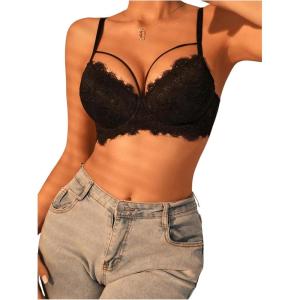 imageWomens Cut Out Floral Lace Bra Push Up Underwire Bras Lightly Lined LingerieBlack