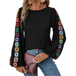 imageWomens Floral Embroidery Long Sleeve T Shirts Crew Neck Ribbed Knit T Shirt Casual Fall TopsBlack