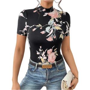 imageWomens Floral Print Mock Neck T Shirt Short Sleeve Slim Fit Graphic Tees Casual Dressy TopsMulticolor