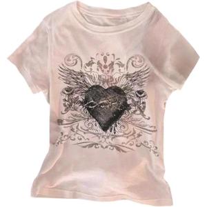 imageWomens Gothic Heart Graphic Tees Short Sleeve Crew Neck Slim Fit T Shirt Vintage Y2K TopsLight Pink