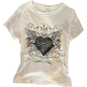 imageWomens Gothic Heart Graphic Tees Short Sleeve Crew Neck Slim Fit T Shirt Vintage Y2K TopsWhite