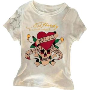 imageWomens Gothic Heart Graphic Tees Short Sleeve Crew Neck Slim Fit T Shirt Vintage Y2K TopsWhite Graphic