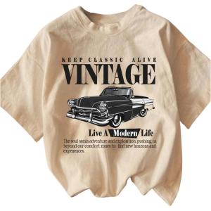 imageWomens Graphic Letter Tee Crew Neck Drop Shoulder Trendy Summer T Shirt Short Sleeve Vintage Car Print TopApricot