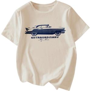 imageWomens Graphic Letter Tee Crew Neck Drop Shoulder Trendy Summer T Shirt Short Sleeve Vintage Car Print TopApricot Blue