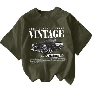 imageWomens Graphic Letter Tee Crew Neck Drop Shoulder Trendy Summer T Shirt Short Sleeve Vintage Car Print TopArmy Green