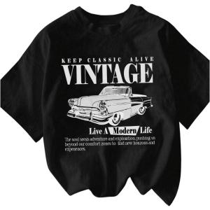 imageWomens Graphic Letter Tee Crew Neck Drop Shoulder Trendy Summer T Shirt Short Sleeve Vintage Car Print TopBlack