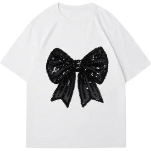imageWomens Graphic Letter Tee Crew Neck Drop Shoulder Trendy Summer T Shirt Short Sleeve Vintage Car Print TopBlack Bow White