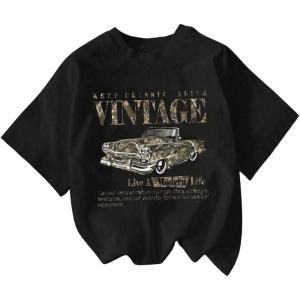 imageWomens Graphic Letter Tee Crew Neck Drop Shoulder Trendy Summer T Shirt Short Sleeve Vintage Car Print TopBlack Green