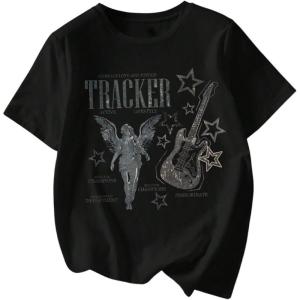 imageWomens Graphic Letter Tee Crew Neck Drop Shoulder Trendy Summer T Shirt Short Sleeve Vintage Car Print TopBlack With Graphic