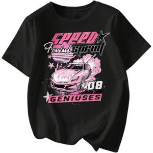imageWomens Graphic Letter Tee Crew Neck Drop Shoulder Trendy Summer T Shirt Short Sleeve Vintage Car Print TopBlack With Pink