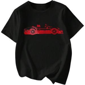 imageWomens Graphic Letter Tee Crew Neck Drop Shoulder Trendy Summer T Shirt Short Sleeve Vintage Car Print TopBlack and Red