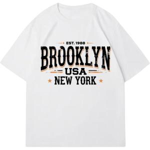 imageWomens Graphic Letter Tee Crew Neck Drop Shoulder Trendy Summer T Shirt Short Sleeve Vintage Car Print TopBlack and White