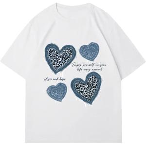 imageWomens Graphic Letter Tee Crew Neck Drop Shoulder Trendy Summer T Shirt Short Sleeve Vintage Car Print TopBlue Heart White