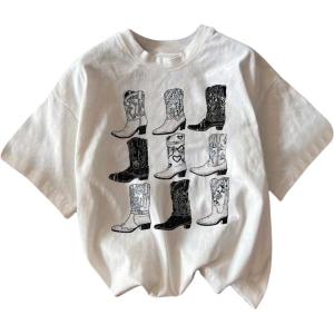 imageWomens Graphic Letter Tee Crew Neck Drop Shoulder Trendy Summer T Shirt Short Sleeve Vintage Car Print TopBoots White