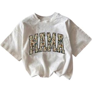 imageWomens Graphic Letter Tee Crew Neck Drop Shoulder Trendy Summer T Shirt Short Sleeve Vintage Car Print TopCamo Letter White