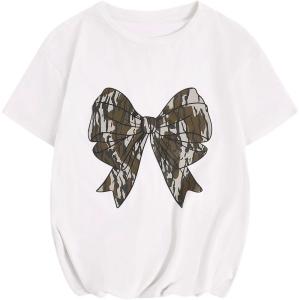 imageWomens Graphic Letter Tee Crew Neck Drop Shoulder Trendy Summer T Shirt Short Sleeve Vintage Car Print TopCamo White