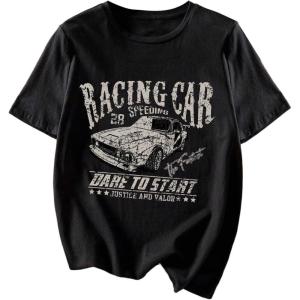imageWomens Graphic Letter Tee Crew Neck Drop Shoulder Trendy Summer T Shirt Short Sleeve Vintage Car Print TopCar Black