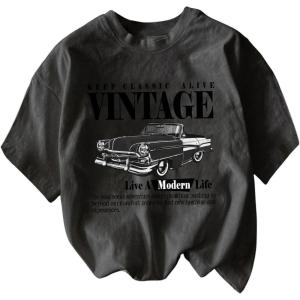 imageWomens Graphic Letter Tee Crew Neck Drop Shoulder Trendy Summer T Shirt Short Sleeve Vintage Car Print TopDark Grey