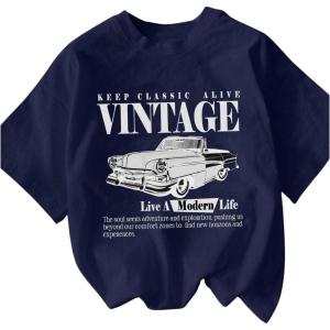 imageWomens Graphic Letter Tee Crew Neck Drop Shoulder Trendy Summer T Shirt Short Sleeve Vintage Car Print TopDeep Blue