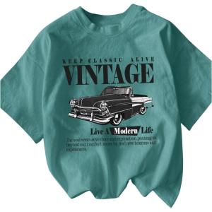 imageWomens Graphic Letter Tee Crew Neck Drop Shoulder Trendy Summer T Shirt Short Sleeve Vintage Car Print TopDeep Green