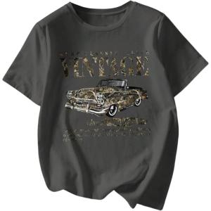 imageWomens Graphic Letter Tee Crew Neck Drop Shoulder Trendy Summer T Shirt Short Sleeve Vintage Car Print TopDeep Grey
