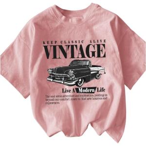 imageWomens Graphic Letter Tee Crew Neck Drop Shoulder Trendy Summer T Shirt Short Sleeve Vintage Car Print TopDusty Pink