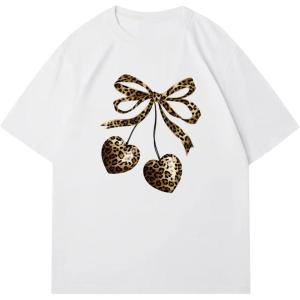 imageWomens Graphic Letter Tee Crew Neck Drop Shoulder Trendy Summer T Shirt Short Sleeve Vintage Car Print TopHeart Cherry White