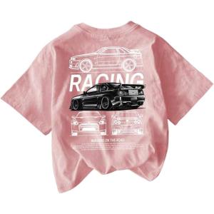 imageWomens Graphic Letter Tee Crew Neck Drop Shoulder Trendy Summer T Shirt Short Sleeve Vintage Car Print TopLight Pink