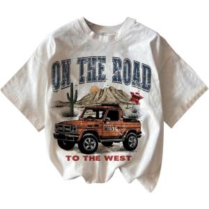 imageWomens Graphic Letter Tee Crew Neck Drop Shoulder Trendy Summer T Shirt Short Sleeve Vintage Car Print TopPatterned White