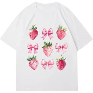 imageWomens Graphic Letter Tee Crew Neck Drop Shoulder Trendy Summer T Shirt Short Sleeve Vintage Car Print TopPink Bow White