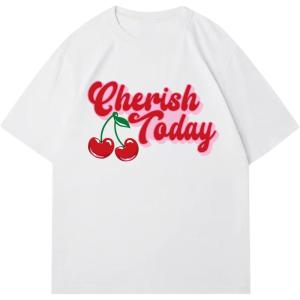 imageWomens Graphic Letter Tee Crew Neck Drop Shoulder Trendy Summer T Shirt Short Sleeve Vintage Car Print TopRed Cherry White