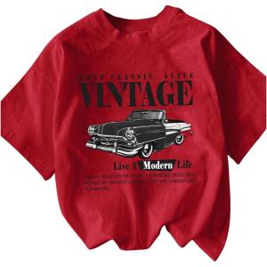 imageWomens Graphic Letter Tee Crew Neck Drop Shoulder Trendy Summer T Shirt Short Sleeve Vintage Car Print TopRed and Black