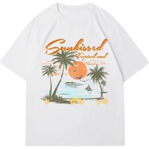 imageWomens Graphic Letter Tee Crew Neck Drop Shoulder Trendy Summer T Shirt Short Sleeve Vintage Car Print TopSeaside White