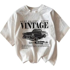 imageWomens Graphic Letter Tee Crew Neck Drop Shoulder Trendy Summer T Shirt Short Sleeve Vintage Car Print TopWhite