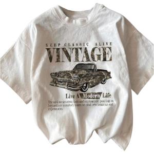 imageWomens Graphic Letter Tee Crew Neck Drop Shoulder Trendy Summer T Shirt Short Sleeve Vintage Car Print TopWhite Green