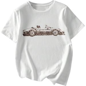 imageWomens Graphic Letter Tee Crew Neck Drop Shoulder Trendy Summer T Shirt Short Sleeve Vintage Car Print TopWhite Leopard