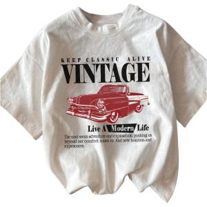 imageWomens Graphic Letter Tee Crew Neck Drop Shoulder Trendy Summer T Shirt Short Sleeve Vintage Car Print TopWhite Red Graphic