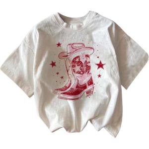 imageWomens Graphic Letter Tee Crew Neck Drop Shoulder Trendy Summer T Shirt Short Sleeve Vintage Car Print TopWhite Red Patterned