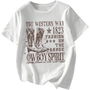 imageWomens Graphic Letter Tee Crew Neck Drop Shoulder Trendy Summer T Shirt Short Sleeve Vintage Car Print TopWhite With Brown