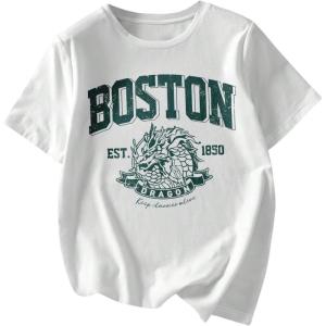 imageWomens Graphic Letter Tee Crew Neck Drop Shoulder Trendy Summer T Shirt Short Sleeve Vintage Car Print TopWhite With Green