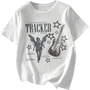 imageWomens Graphic Letter Tee Crew Neck Drop Shoulder Trendy Summer T Shirt Short Sleeve Vintage Car Print TopWhite With Grey