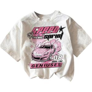 imageWomens Graphic Letter Tee Crew Neck Drop Shoulder Trendy Summer T Shirt Short Sleeve Vintage Car Print TopWhite and Pink