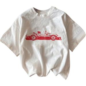 imageWomens Graphic Letter Tee Crew Neck Drop Shoulder Trendy Summer T Shirt Short Sleeve Vintage Car Print TopWhite and Red