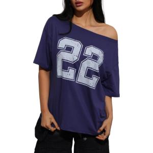 imageWomens Off The Shoulder Tops Letter Print Oversized Graphic Tees Vintage Y2k 90s Outfits TrendyNumber Blue