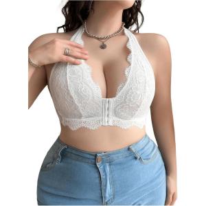 imageWomens Plus Size Front Closure Halter Lace Bra V Neck Push Up Underwire BrasWhite