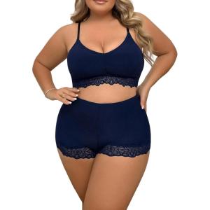 imageWomens Plus Size Lingerie 2 Piece Lace Trim Wireless Bralettes and High Rise Boyshorts Underwear SetNavy Blue